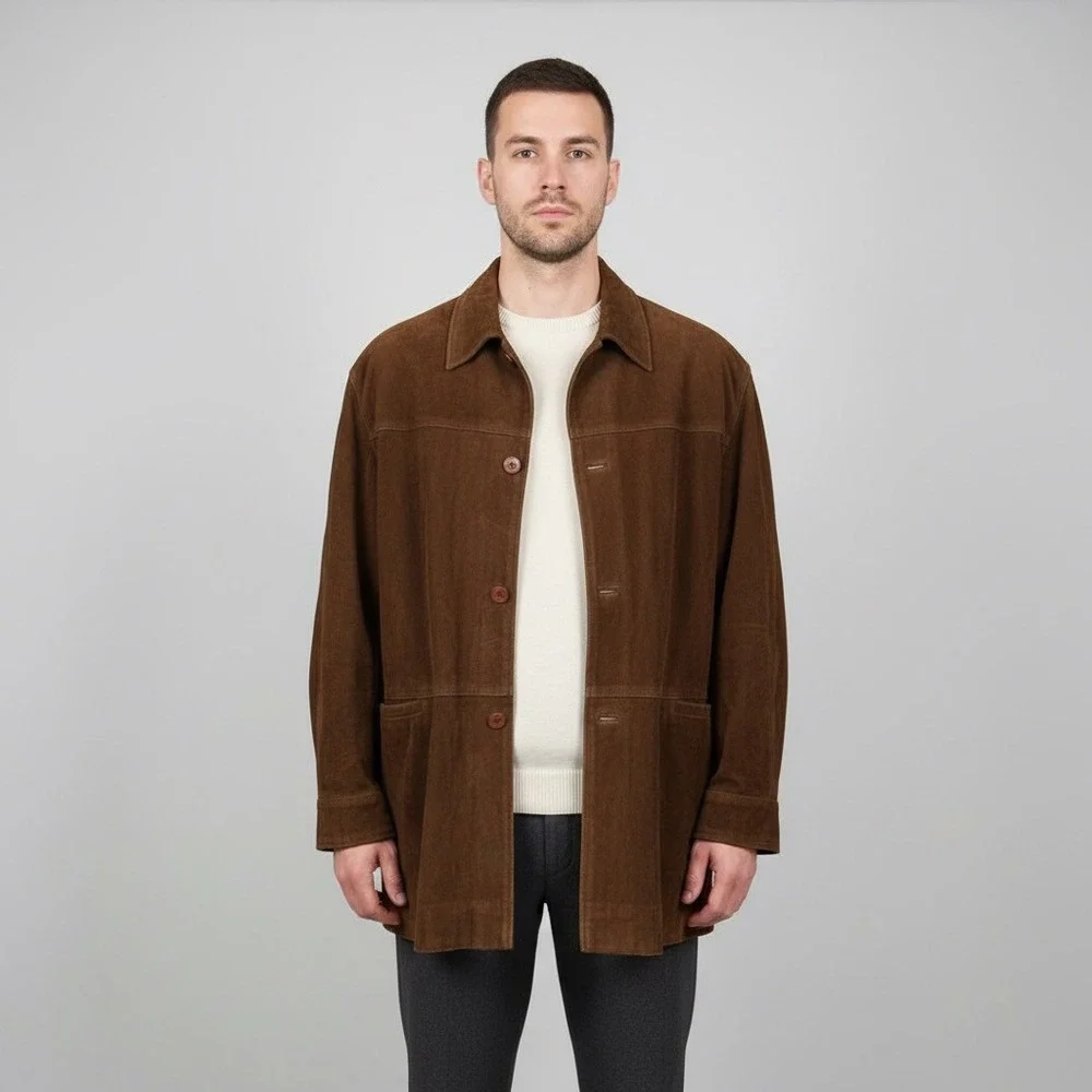 Men's Heavy‎ Suede Leather Coat XL Brown Button Front Car Coat Vintage Workwear